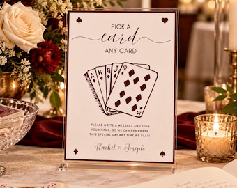 Burgundy Playing Card Guest Book Sign, Pick A Card Any Card Wedding Guestbook Sign, Old Money Wedding Decor Sign, Editable Canva Template
