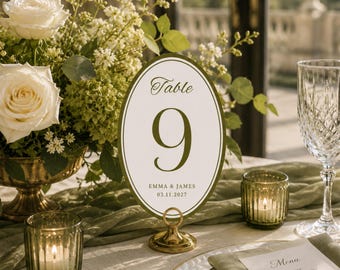 Olive Green Wedding Table Numbers Template, Oval Wedding Table Numbers Template, Editable Canva Table Sign, Old Money Luxury Wedding Decor