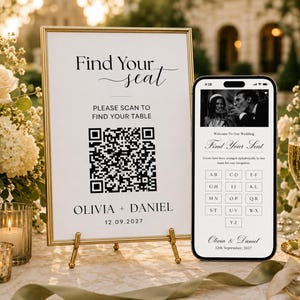 Seating Chart Wedding Website With QR Code, Find Your Seat Digital Seating Chart, Your Seat Awaits, Digital Seating Chart, Canva Template