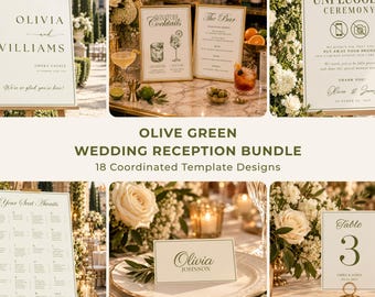 Peut inclure: Un ensemble de papeterie pour réception de mariage composé de papier cartonné blanc cassé avec texte et bordures vert olive. Comprend un panneau d'accueil, un panneau de cérémonie, des menus, un plan de table, des marque-places et des numéros.