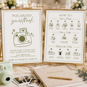 May include: Two gold-framed signs with olive green text and graphics. The left sign reads Polaroid guestbook, Olivia and William, October 12, 2028, Los Angeles, Snap it! Stick it! Sign it!. The right sign provides instructions for photos.