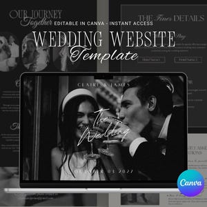 May include: A digital wedding website template displayed on a laptop screen, featuring black and white photography of a couple toasting with glasses. The text includes "OUR JOURNEY TOGETHER," "WEDDING WEBSITE Template," "CLAIRE & JAMES," and "OCTOBER 03 2027."