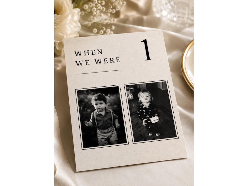 Close-up of an editable When We Were wedding photo table number template with premium minimalist typography, childhood photo display, old money wedding decor, printable Canva wedding table sign and elegant reception centerpiece.