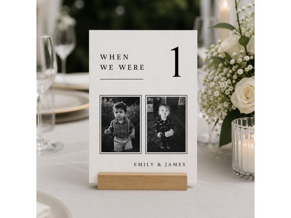 When We Were Age Photo Table Number, Old Money Wedding Table Signs, Wedding Photo Table Canva Template, Childhood Photos Wedding Centerpiece