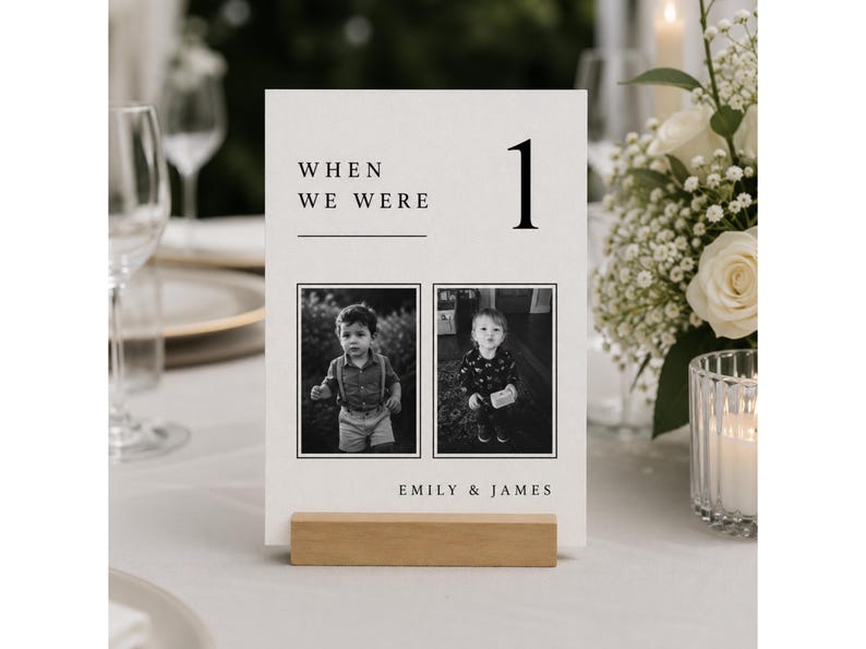 When We Were age photo table number template featuring childhood photos in an elegant old money wedding table sign, editable Canva wedding photo table numbers for luxury wedding reception decor, printable wedding signage.