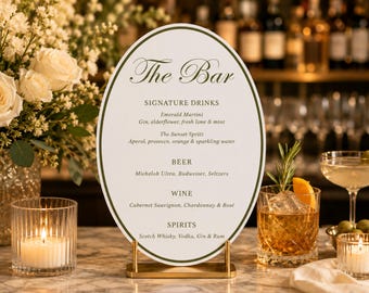 Plantilla ovalada para menú de bar de boda, plantilla verde oliva para bebidas exclusivas, menú de bar de boda de estilo clásico, plantilla Canva, menú de bar imprimible