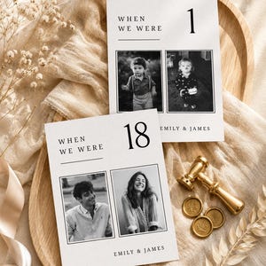 Numéros de table avec photos de mariage, Numéros de table « Quand nous étions », Modèle Canva pour numéros de table avec photos d'enfance pour mariage