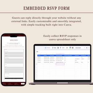 Może przedstawiać: Obrazek z osadzonym formularzem RSVP. Smartfon wyświetla formularz, a laptop arkusz kalkulacyjny. Tekst na obrazku brzmi: "EMBEDDED RSVP FORM" i "Goście mogą odpowiadać bezpośrednio przez Twoją stronę internetową..."