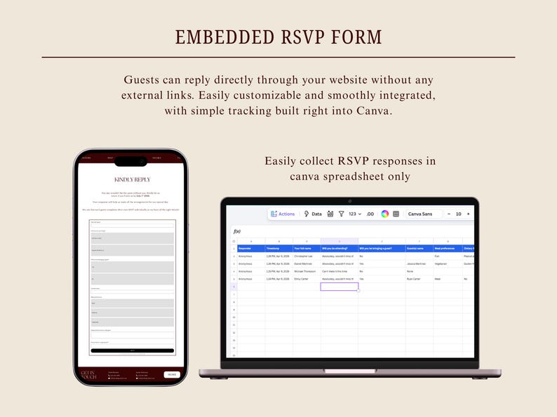 Może przedstawiać: Obrazek z osadzonym formularzem RSVP. Smartfon wyświetla formularz, a laptop arkusz kalkulacyjny. Tekst na obrazku brzmi: "EMBEDDED RSVP FORM" i "Goście mogą odpowiadać bezpośrednio przez Twoją stronę internetową..."