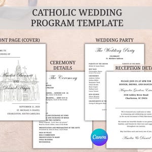 May include: A Catholic wedding program template with a front page featuring a church illustration, names, and date. The template includes ceremony and reception details, with a Canva logo.