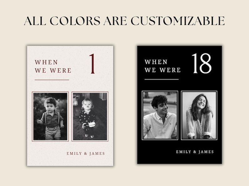 When We Were Age Photo Table Number, Old Money Wedding Table Signs, Wedding Photo Table Canva Template, Childhood Photos Wedding Centerpiece image 2