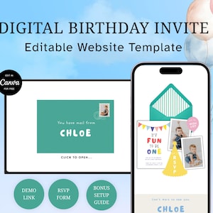 It's Fun to Be One Birthday Website Template, Editable Canva Invitation with RSVP, First Birthday Invitation Website, Instant Download