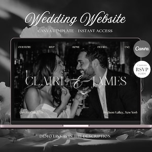 Może przedstawiać: Ekran laptopa wyświetlający szablon strony internetowej ślubnej Canva ze zdjęciem pary w czerni i bieli. Tekst zawiera napisy Wedding Website, CANVA TEMPLATE - INSTANT ACCESS, CLAIRE & JAMES, October 03 2026, Hudson Valley, New York oraz Custom RSVP FORM.