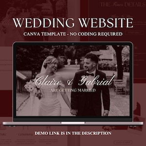 Luxury burgundy wedding website template mockup featuring an elegant old money inspired Canva wedding website with built-in RSVP form, digital wedding invitation, editorial wedding design, minimalist wedding website, romantic black tie wedding aesthetic, mobile-friendly RSVP website for modern couples.