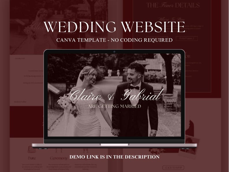 Luxury burgundy wedding website template mockup featuring an elegant old money inspired Canva wedding website with built-in RSVP form, digital wedding invitation, editorial wedding design, minimalist wedding website, romantic black tie wedding aesthetic, mobile-friendly RSVP website for modern couples.