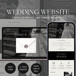 Może przedstawiać: Szablon strony internetowej ślubnej wyświetlany na laptopie i smartfonie. Projekt zawiera tekst "Claire & James" i "Wedding Website". Ekran laptopa pokazuje zaproszenie z pieczęcią woskową. Smartfon wyświetla oś czasu ślubu.