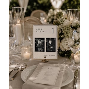 Luxury When We Were wedding photo table number Canva template featuring childhood photos, elegant old money wedding table signs, printable wedding reception decor, personalized photo table number design.