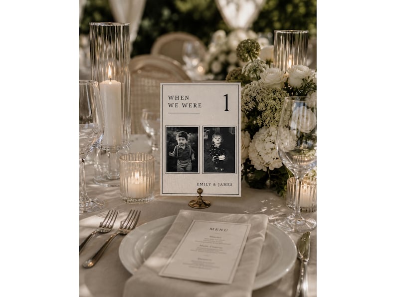 Luxury When We Were wedding photo table number Canva template featuring childhood photos, elegant old money wedding table signs, printable wedding reception decor, personalized photo table number design.