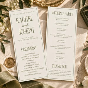 Vorlage für ein olivgrünes Hochzeitsprogramm, 4x9-Zeremonienprogramm, Hochzeit im Stil der alten Schule, bearbeitbare Canva-Ablaufbeschreibung, druckbares Hochzeitsprogramm