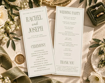 Modello di programma per matrimonio verde oliva, programma della cerimonia 4x9, matrimonio in stile old money, ordine della cerimonia modificabile su Canva, programma di matrimonio stampabile