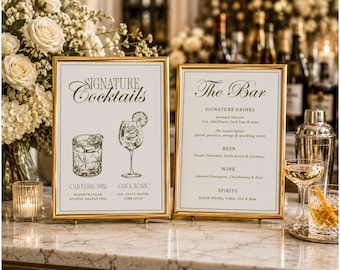 Modello di cartello per il menu del bar del matrimonio, modello di cartello per i cocktail d'autore, modello di menu per cocktail su Canva, cartelli per il menu del bar, decorazioni per le prove del matrimonio