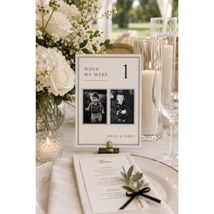 Editable Canva wedding photo table numbers showcasing a When We Were age photo table sign with childhood memories, luxury old money wedding reception decor, elegant printable wedding table signage template.