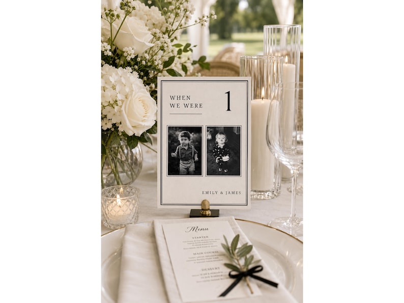 Editable Canva wedding photo table numbers showcasing a When We Were age photo table sign with childhood memories, luxury old money wedding reception decor, elegant printable wedding table signage template.