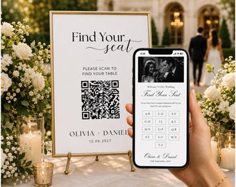 Modèle de plan de table avec code QR pour site web de mariage, plan de table interactif Canva, plan de table alphabétique pour les invités avec code QR