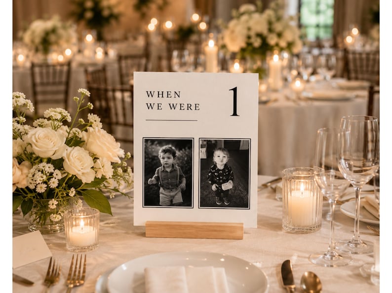 When We Were age photo table number template displayed at a luxury wedding reception. Editable Canva wedding photo table sign featuring childhood photos, elegant old money design, minimalist wedding centerpiece and printable table number.