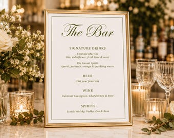 Olive Green Wedding Bar Menu Sign Template, Signature Drinks and Cocktail Menu Sign, Cocktail Menu Canva Template, Bar Menu Signs, Printable