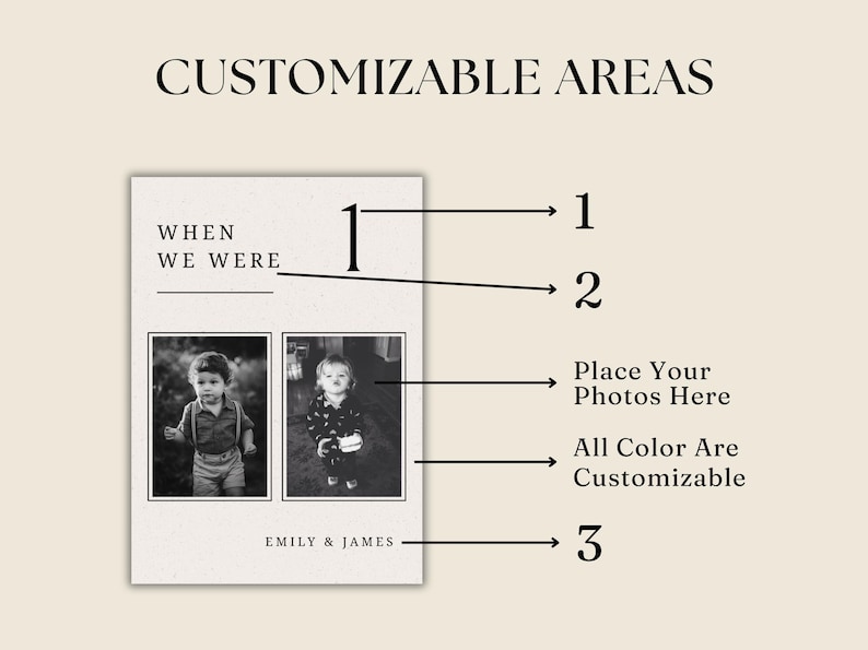 May include: A customizable template featuring the text CUSTOMIZABLE AREAS, WHEN WE WERE, and EMILY & JAMES. It includes two black and white photo frames, numbered labels 1, 2, and 3 with arrows, and text indicating that photos and colors are customizable.