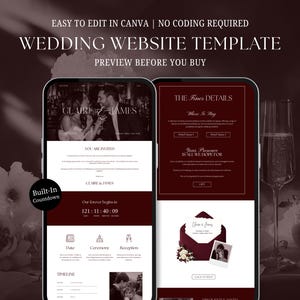 Könnte beinhalten: Eine digitale Hochzeits-Website-Vorlage, die auf zwei Smartphone-Bildschirmen angezeigt wird. Das Design besticht durch ein dunkelburgunderrotes und weißes Farbschema mit Texten wie "Wedding Website Template", "You Are Invited" und "Built-In Countdown".
