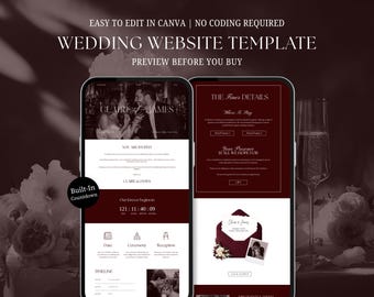 Plantilla web de boda Old Money Burgundy con formulario de confirmación de asistencia y cuenta regresiva, elegante invitación de boda digital editable en Canva con una estética atemporal.
