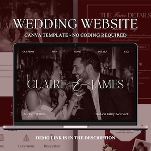 Könnte beinhalten: Ein Laptop zeigt eine Vorlage für eine Hochzeitswebsite mit den Namen "Claire & James" in eleganter Schrift. Das Website-Design zeigt ein Foto eines Paares, mit dem Text "Wedding Website" und "Canva Template - No Coding Required."