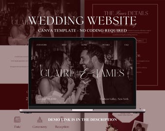 Modello di sito web per matrimoni color bordeaux con modulo RSVP, modello di sito web per matrimoni in stile old money, invito di nozze digitale moderno e minimalista, design Canva