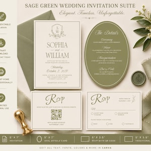 May include: A sage green wedding invitation suite featuring a rectangular invitation, an oval details card, and two RSVP cards with QR codes. The set includes a sage green envelope and a wax seal, all displayed with elegant typography and floral motifs.
