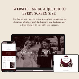 Może przedstawiać: Projekt strony internetowej wyświetlany na laptopie, tablecie i smartfonie. Strona internetowa, o tematyce ślubnej, wyświetla imiona "Claire & Gabrial" oraz tekst "ARE GETTING MARRIED". Projekt jest dostosowany do r&oacute;żnych rozmiar&oacute;w ekranu.