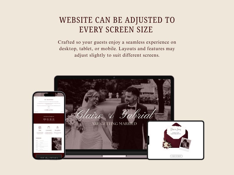 Może przedstawiać: Projekt strony internetowej wyświetlany na laptopie, tablecie i smartfonie. Strona internetowa, o tematyce ślubnej, wyświetla imiona "Claire & Gabrial" oraz tekst "ARE GETTING MARRIED". Projekt jest dostosowany do r&oacute;żnych rozmiar&oacute;w ekranu.