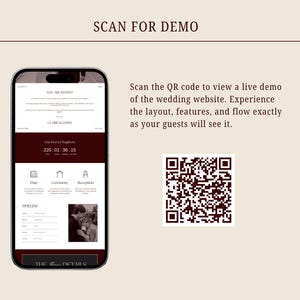 Może przedstawiać: Smartfon wyświetla stronę internetową ślubną z odliczaniem czasu i szczeg&oacute;łami wydarzenia. Tekst "SCAN FOR DEMO" znajduje się na g&oacute;rze, z instrukcjami skanowania kodu QR w celu wyświetlenia wersji demonstracyjnej. Tło jest beżowe.