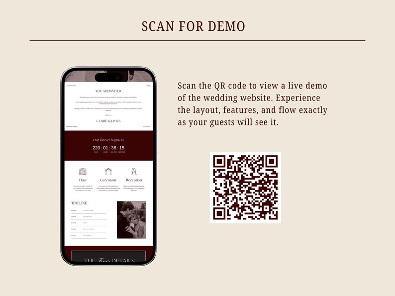 Może przedstawiać: Smartfon wyświetla stronę internetową ślubną z odliczaniem czasu i szczeg&oacute;łami wydarzenia. Tekst "SCAN FOR DEMO" znajduje się na g&oacute;rze, z instrukcjami skanowania kodu QR w celu wyświetlenia wersji demonstracyjnej. Tło jest beżowe.
