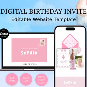 Könnte beinhalten: Eine digitale Geburtstagseinladungsvorlage, die auf einem Laptop und Smartphone angezeigt wird. Der Laptop zeigt eine rosa Einladung mit dem Namen "SOPHIA". Das Smartphone zeigt eine rosa Einladung mit Fotos und dem Text "RSVP".
