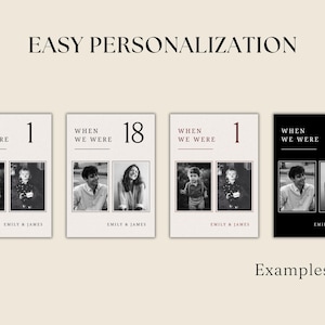 May include: Four rectangular prints labeled EASY PERSONALIZATION and Examples, each featuring the text WHEN WE WERE, a number, two black and white photographs, and the names EMILY & JAMES. Three prints have white backgrounds, and one has a black background.