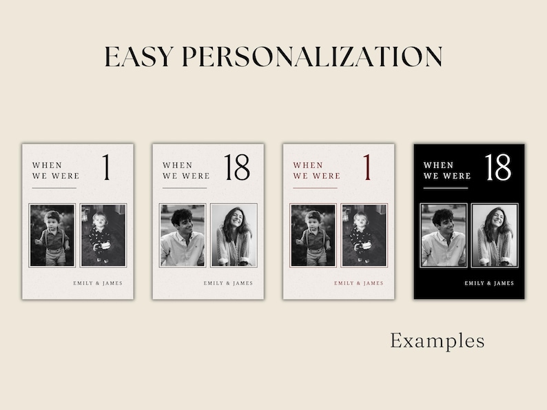 May include: Four rectangular prints labeled EASY PERSONALIZATION and Examples, each featuring the text WHEN WE WERE, a number, two black and white photographs, and the names EMILY & JAMES. Three prints have white backgrounds, and one has a black background.