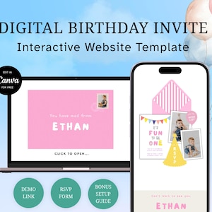 May include: Digital birthday invite template with a pink and white design. The design is displayed on a laptop and a smartphone. The laptop screen says "You have mail from ETHAN". The smartphone displays a birthday card design.