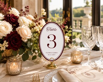 Burgundy Wedding Table Number Template, Burgandy Table Numbers, Old Money Wedding Decor, Table Numbers Maroon, Editable Canva Table Sign