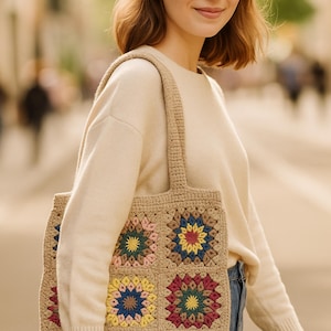 Sac fourre-tout en coton au crochet - Sac à main rétro bohème festival - Cadeau fait main pour professeur, infirmière ou amateur de livres - Style carré grand-mère