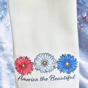 America the Beautiful Towel – Red White and Blue Daisy Embroidered Patriotic Kitchen Towel