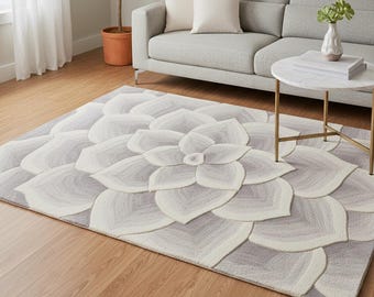 Alfombra de lana tejida a mano: Alfombra con flores esculpida en 3D