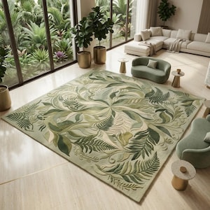 Alfombra Abstract Wave, alfombra verde salvia, lana tejida a mano, patrón ondulado moderno, textura escandinava grande, acento para sala de estar, alfombra de 5x7, 8x10 y 9x12.