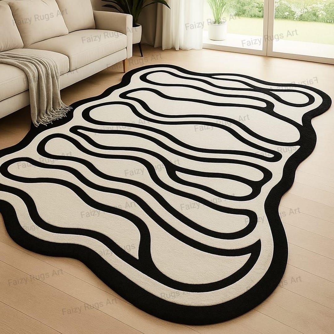 White Labyrinth Rug Texture Irregular Maze Hand Tufted Rug Black White Rug Modern Labyrinth Living ...